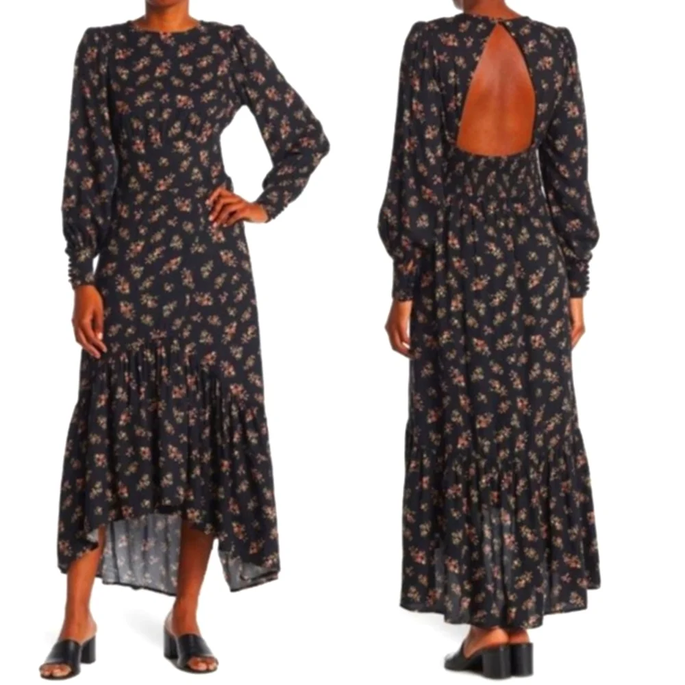 NWT AFRM Gilda Back Cutout Maxi Dress in Noir Bouquet, Size M - Picture 1 of 17